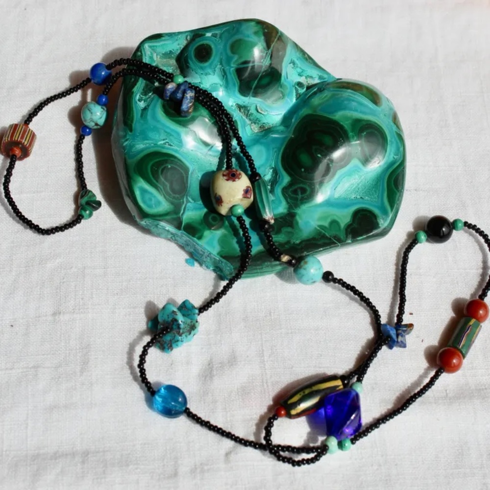 New Mixed Hand-Beaded Seed Bead, Polymer Clay and Gemstone Necklace, 32 inches